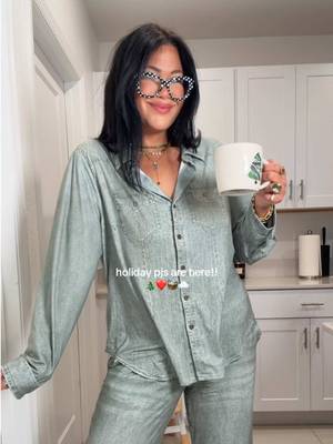Soft stretchy denim-look button-front pajama set with wide-leg pants