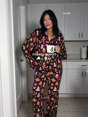 Black Christmas-print button-front pajama set with gingerbread and candy-cane pattern