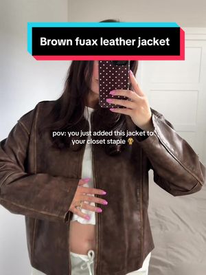 Oversized distressed brown faux leather jacket