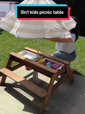 Kids wooden picnic table with umbrella and sand water play bins