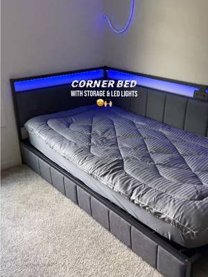 Hasuit Corner Bed Frame with Storage Drawers, Full Daybed with Line Fabric Upholstered Fence, Kids Bed Unit with LED Light and Charging Station, Modern Bed Frame Full Size, Gray