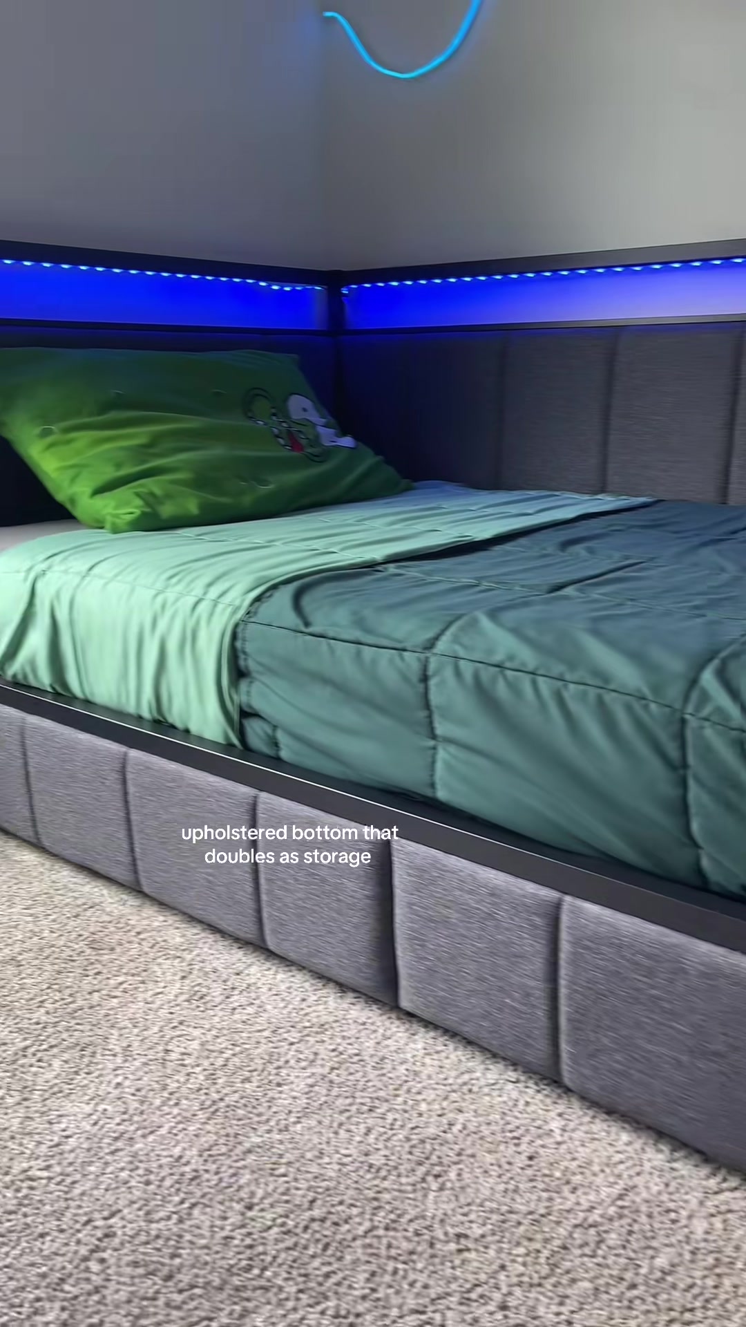 Hasuit Corner Bed Frame with Storage Drawers, Full Daybed with Line Fabric Upholstered Fence, Kids Bed Unit with LED Light and Charging Station, Modern Bed Frame Full Size, Gray