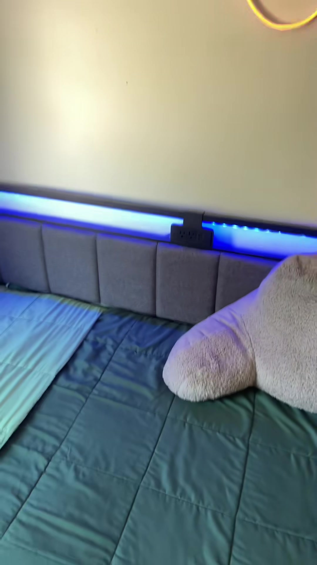 OLEVS King Bed Frame with Charging Station & LED Lights, Modern Platform Bed with Upholstered Storage Headboard, No Box Spring Needed Noise Free