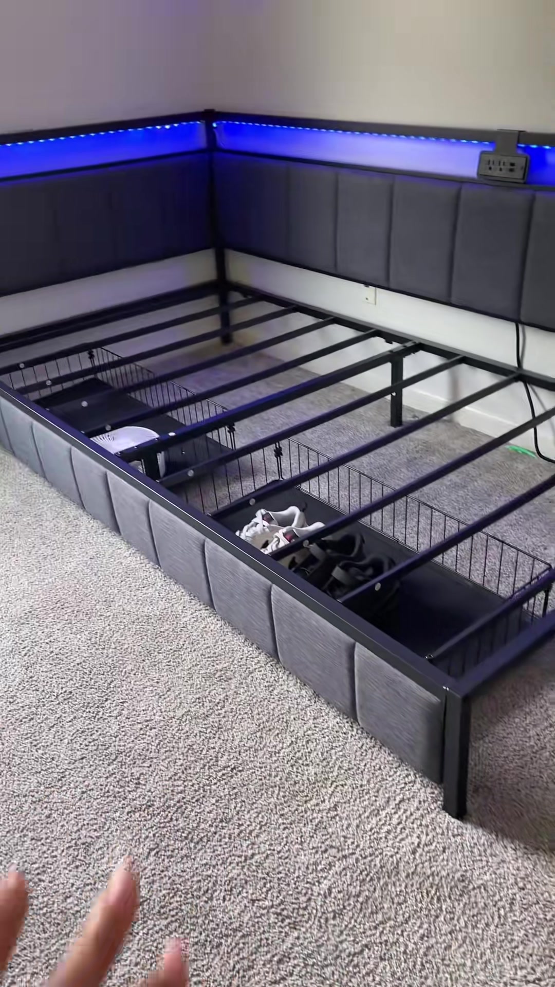 Hasuit Corner Bed Frame with Storage Drawers, Full Daybed with Line Fabric Upholstered Fence, Kids Bed Unit with LED Light and Charging Station, Modern Bed Frame Full Size, Gray