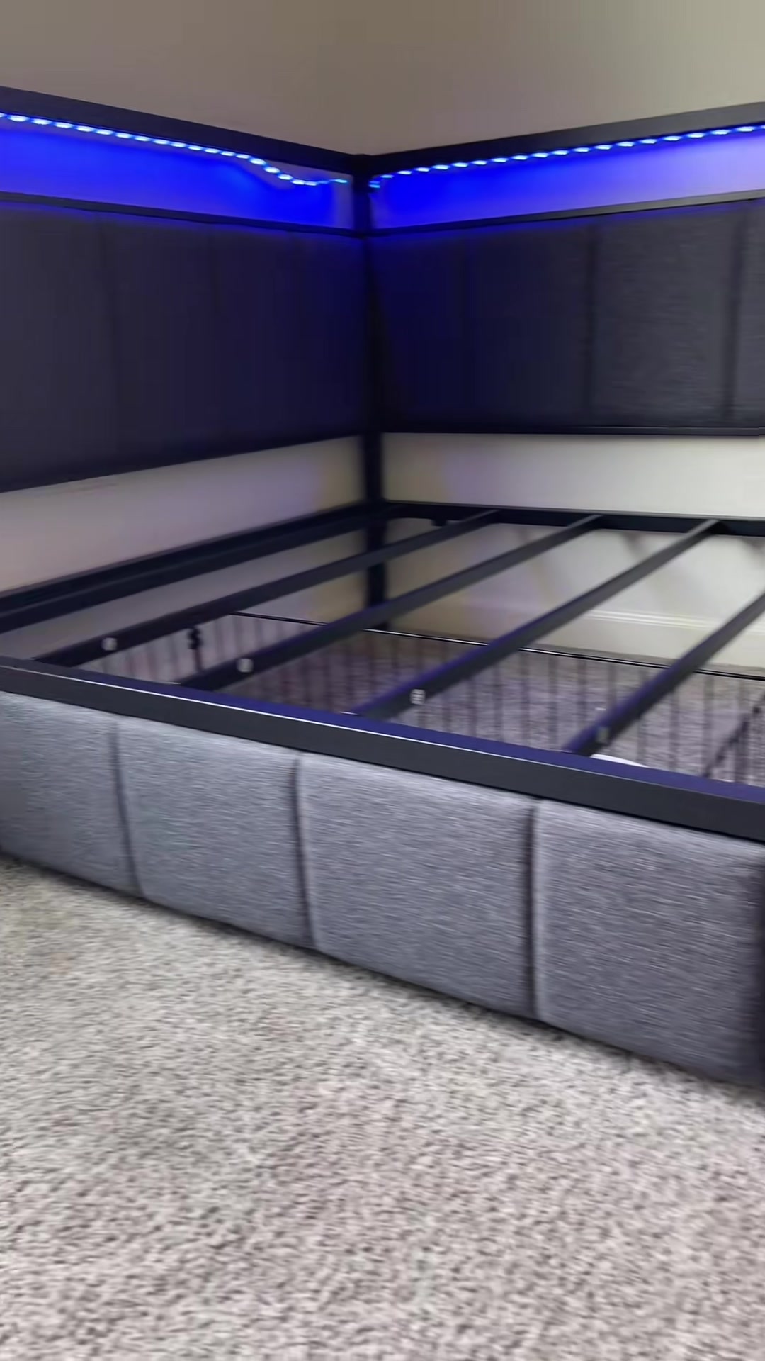 Hasuit Corner Bed Frame with Storage Drawers, Full Daybed with Line Fabric Upholstered Fence, Kids Bed Unit with LED Light and Charging Station, Modern Bed Frame Full Size, Gray