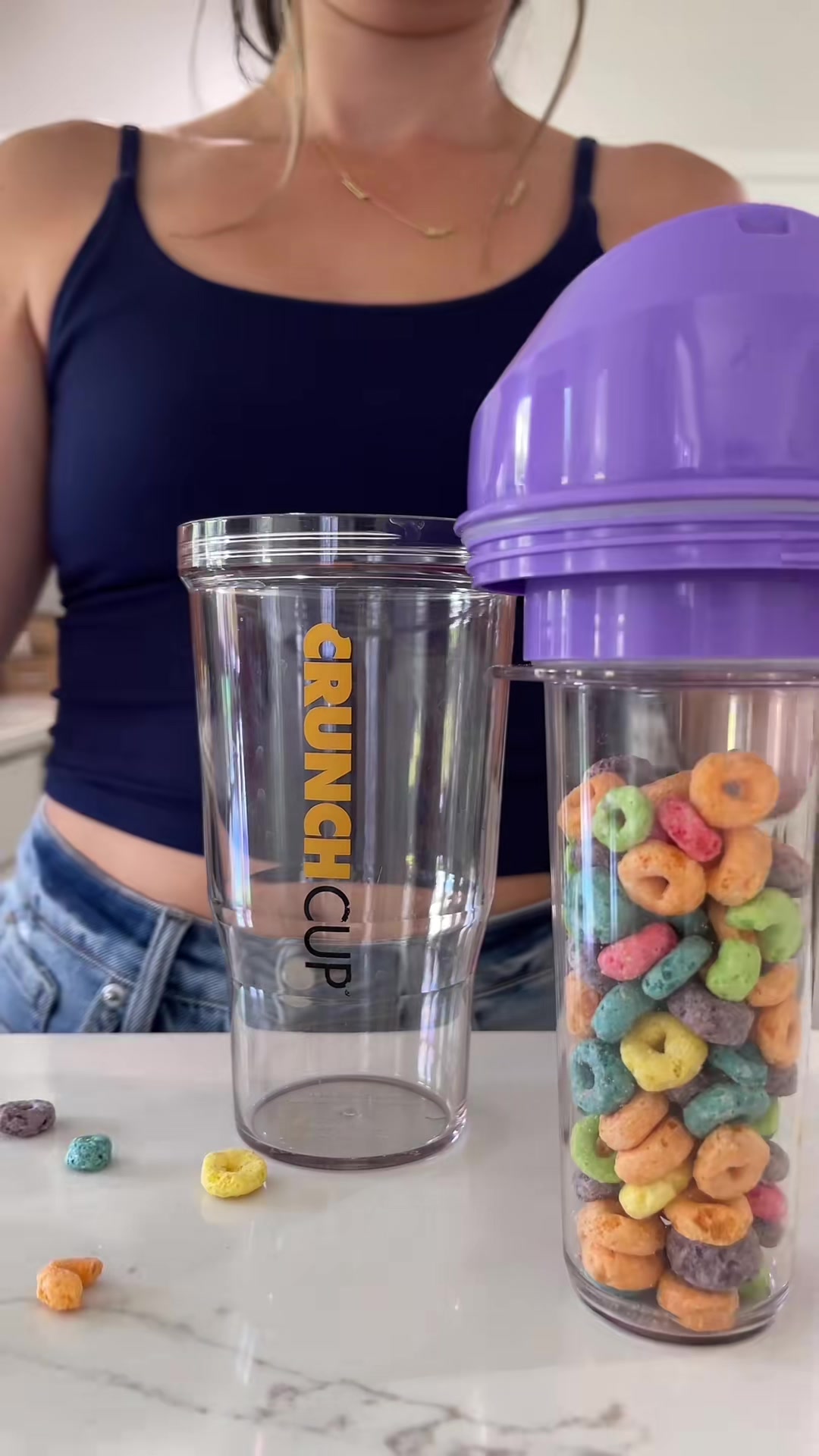 CRUNCHCUP XL Black - Portable Plastic Cereal Cups for Breakfast On the Go, To Go Cereal and Milk Container for your favorite Breakfast Cereals, No Spoon or Bowl Required