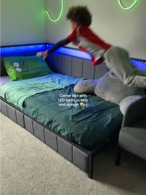 Hasuit Corner Bed Frame with Storage Drawers, Full Daybed with Line Fabric Upholstered Fence, Kids Bed Unit with LED Light and Charging Station, Modern Bed Frame Full Size, Gray