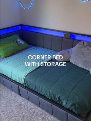 Hasuit Corner Bed Frame with Storage Drawers, Full Daybed with Line Fabric Upholstered Fence, Kids Bed Unit with LED Light and Charging Station, Modern Bed Frame Full Size, Gray