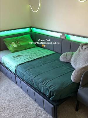 Hasuit Corner Bed Frame with Storage Drawers, Twin Daybed with Line Fabric Upholstered Fence, Kids Bed Unit with LED Light and Charging Station, Modern Bed Frame