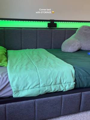 Hasuit Corner Bed Frame with Storage Drawers, Twin Daybed with Line Fabric Upholstered Fence, Kids Bed Unit with LED Light and Charging Station, Modern Bed Frame
