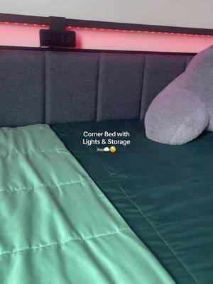 Hasuit Corner Bed Frame with Storage Drawers, Full Daybed with Line Fabric Upholstered Fence, Kids Bed Unit with LED Light and Charging Station, Modern Bed Frame Full Size, Gray